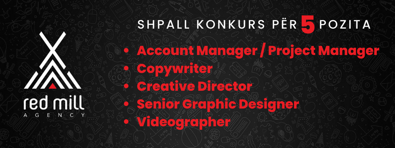 Account Manager/Project Manager, Copywriter (textshkrues), Creative Director (Drejtor Kreativ), Senior Graphic Designer, Videographer (Kameraman&Editor)